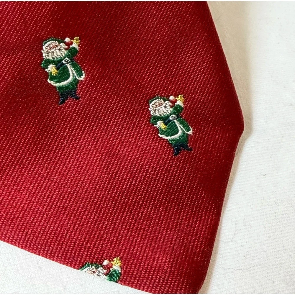 Robert Talbott Hand Sewn Christmas Santa Clause Embroidered Red Tie Green Motif
